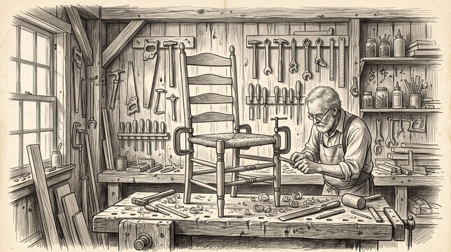 Vintage illustration of a carpenter crafting a wooden chair in a workshop with carpenter woodworking craftsman workshop carpentry handcrafted interior illustration furniture creation