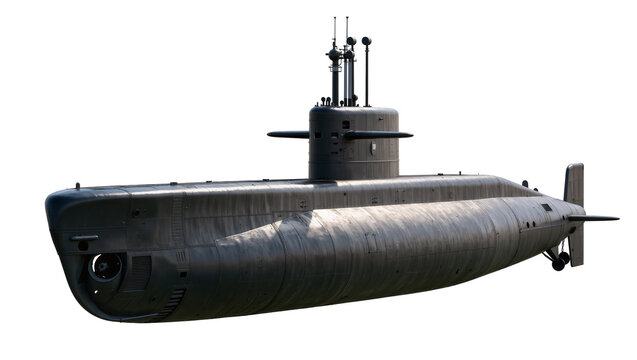 Dark gray submarine with antennas and fins