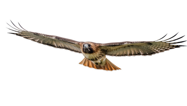 Red-tailed hawk bird of prey in flight with wings spread wide