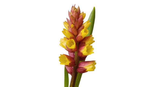 Spike of yellow and red flowers with green leaf