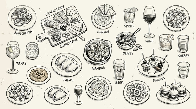 Sketched assortment of appetizers and tapas with text labels.