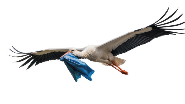 White stork flying with blue bundle in beak