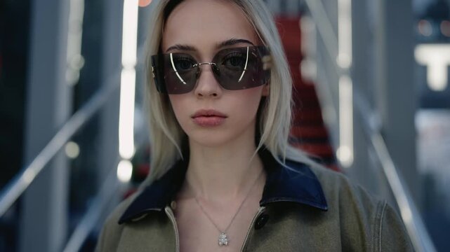 Cool blonde girl with stylish sunglasses looking confidently at the camera on an urban street at night, with neon lights reflecting in her lenses and blurred cityscape in the background