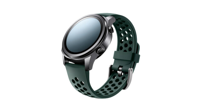Round smartwatch with dark green perforated strap and metallic case