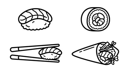 Sushi and Maki Rolls Icons: Nigiri, Chopsticks, Hand Roll, Salmon. © Civic