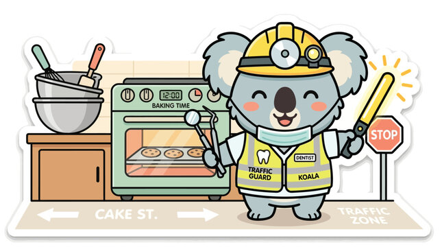 Cute Koala Dentist Traffic Guard with Baking Tools and Oven