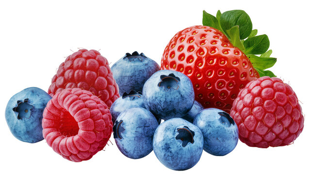 Fresh strawberries raspberries, and blueberries pile