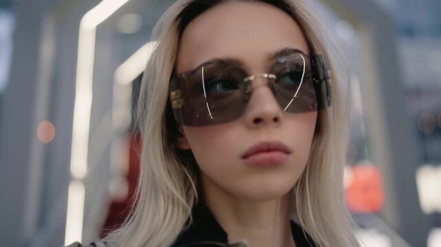 Cool blonde woman with long hair wearing stylish sunglasses and walking towards the camera in a modern illuminated pedestrian bridge in slow motion, showing a confident and serene attitude