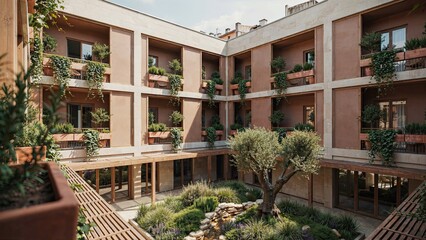 Fototapeta premium Courtyard apartment complex features a central garden space with lush greenery and multiple levels of balconies.
