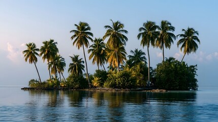 Fototapeta premium Vibrant tropical island landscape featuring palm trees bathed in early morning light creating a serene and calm atmosphere