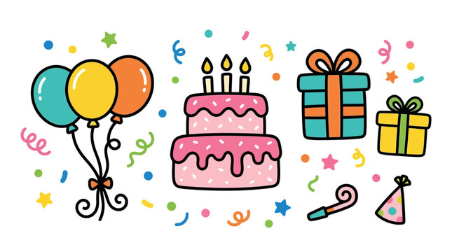 Birthday Celebration Elements: Cake, Gifts, Balloons, Confetti, Party Hat and Blower