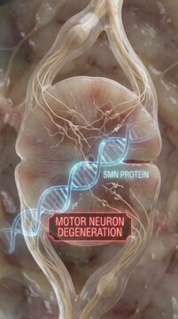 Spinal muscular atrophy: genetic disease, motor neuron, protein deficiency, nerve decay, nucleic acid, cell loss, chronic pathology, tissue damage, gene mutation, axon destruction, medical chart.