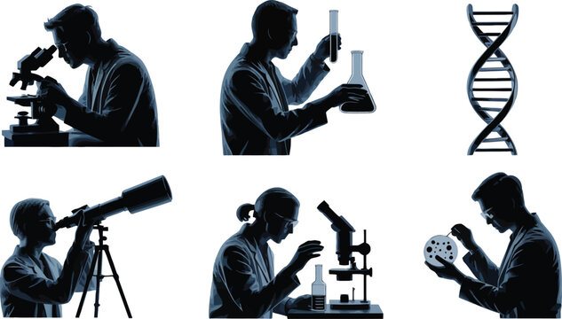 Scientist silhouettes with microscope, telescope, DNA helix, laboratory flasks, petri dish, research experiments, and scientific discovery vector illustration design
