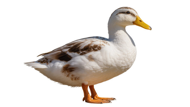 White duck with brown patches and yellow beak