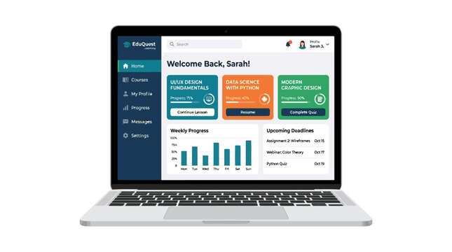 Modern Laptop Displaying Online Learning Dashboard with Courses and Progress Charts