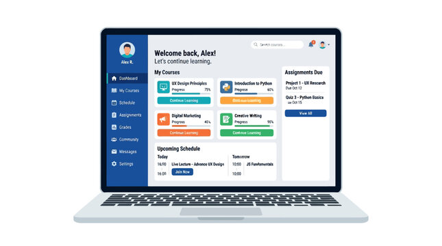 Laptop screen showing online learning platform dashboard with courses and assignments