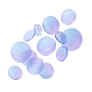 3D Glassmorphism Floating Dollar Coins Finance Concept Isolated On Transparent Background
