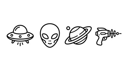 Space Icons: UFO, Alien, Saturn, Ray Gun - Minimalist Line Art © Civic