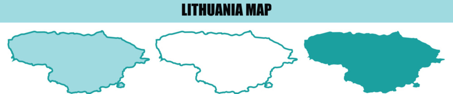 Lithuania map vector set, teal blue geographic silhouettes of Lithuania, minimalist outline and solid country shapes for travel infographics