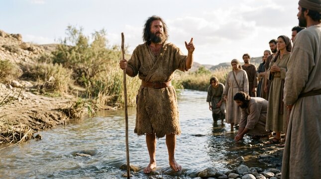 Wilderness prophet sermon: Saint John, St. Baptist, divine herald, holy teacher, river Jordan, sacred ritual, ancient nomad, desert follower, hold staff, wear skin, water baptize.