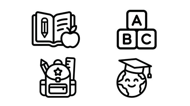Education icons: open book, alphabet blocks, backpack, graduation globe