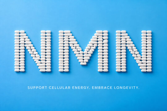 White pill letters spelling NMN are displayed against a bright blue background with the text SUPPORT CELLULAR ENERGY. EMBRACE LONGEVITY.