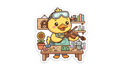 Cute duckling plays violin in workshop with robot and science equipment © Civic
