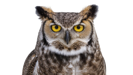 Obraz premium Great Horned Owl with bright yellow eyes and ear tufts