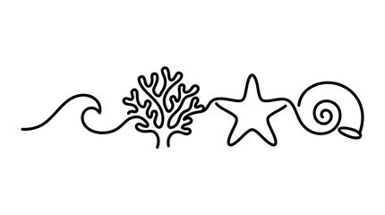 Minimalist Line Art: Ocean Wave, Coral, Starfish, and Seashell Border Design © Civic
