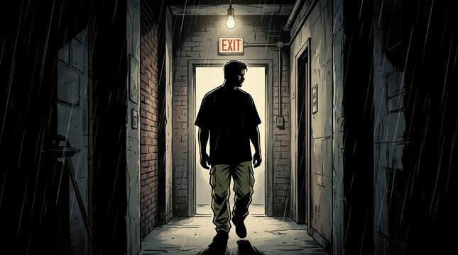 Silhouette of man walking in dimly lit hallway with exit sign