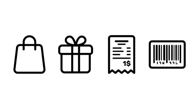 Shopping icons: bag, gift, receipt, barcode. E-commerce and retail symbols.