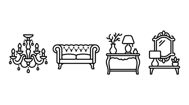 Elegant Home Decor Icons: Chandelier, Sofa, Console Table, Mirror with Lamp