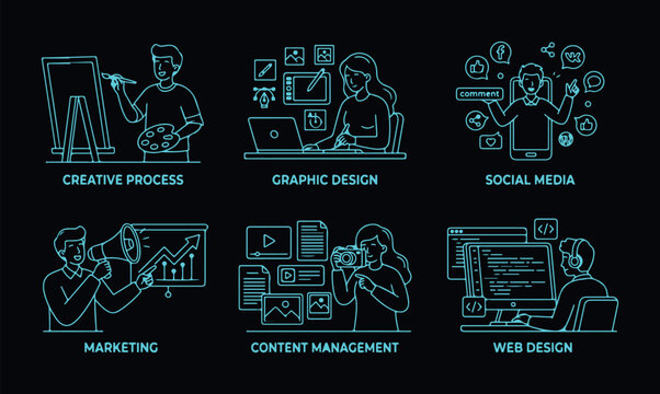 Creative process graphic design social media marketing content management web design illustration set, business concept icons.