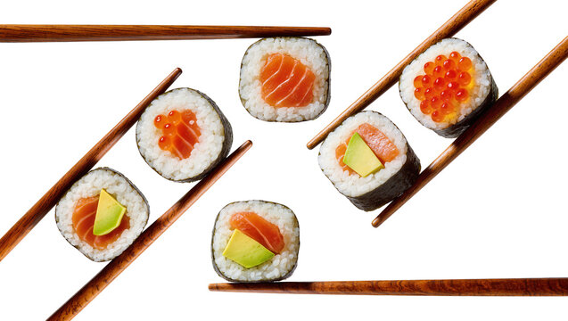 Salmon Avocado and Ikura Sushi Rolls with Chopsticks