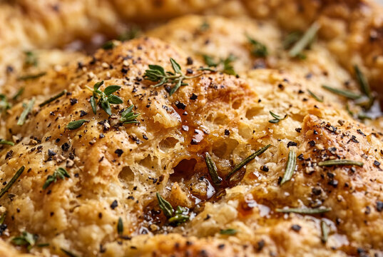 Macro food photography, buttery crust with herb flecks rosemary thyme parsley and cracked black pepper, tiny streaks of pan jus shining in the crevices.