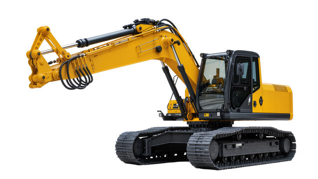 Yellow excavator with black tracks and cabin