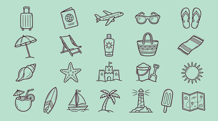 Collection of travel and vacation icons, perfect for summer holidays and beach themes. © indira
