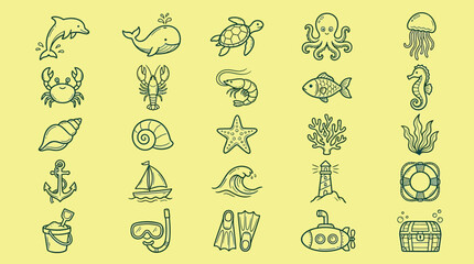 Collection of cute cartoon sea creatures and nautical elements, perfect for children's designs and educational materials. © indira