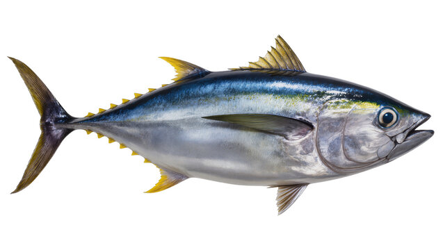 Yellowfin Tuna fish with blue and silver body and yellow fins