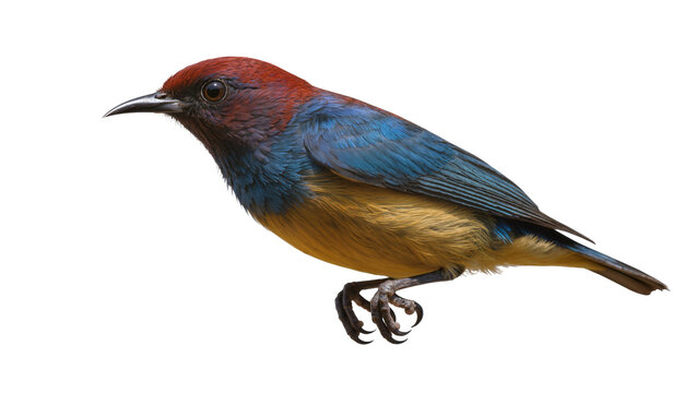 Crimson-breasted bird with blue wings and yellow belly