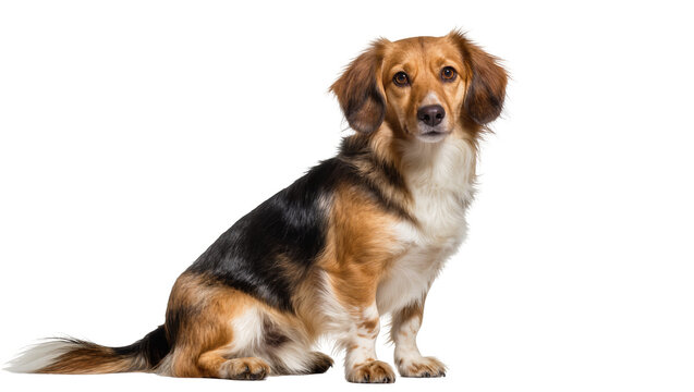 Long-haired tricolor dog sitting attentively