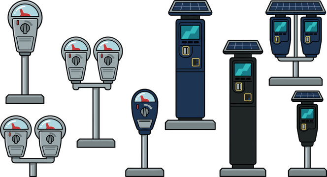 Parking Meter Vector Illustration Set Featuring Traditional Coin Operated and Modern Solar Powered Street Parking Pay Station Icons