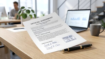 Obraz premium Official Agreement Document with Pen on Desk, Laptop and Person Working