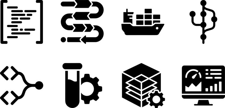 DevOps and software development vector icon set featuring coding, continuous integration, testing, deployment, and monitoring symbols.