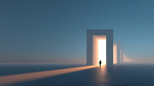 Conceptual mental health illustration of a person walking toward illuminated doorways, symbolizing hope, emotional healing, recovery, new beginnings, resilience and personal transformation