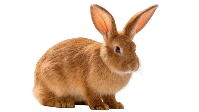 Orange fluffy rabbit with large ears sitting on white