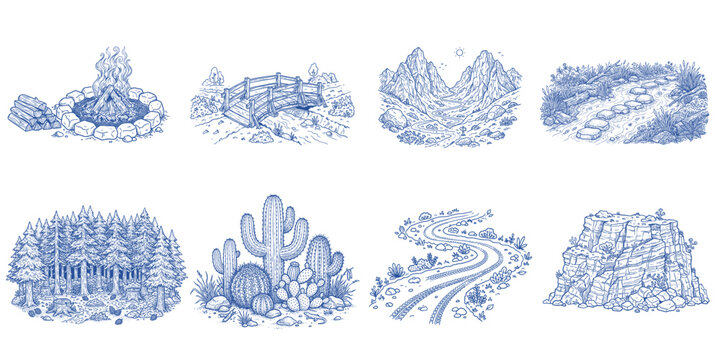 Outdoor Adventure Landscape Graphic Elements Collection with Campfire Mountain Pass Forest River and Desert Terrain