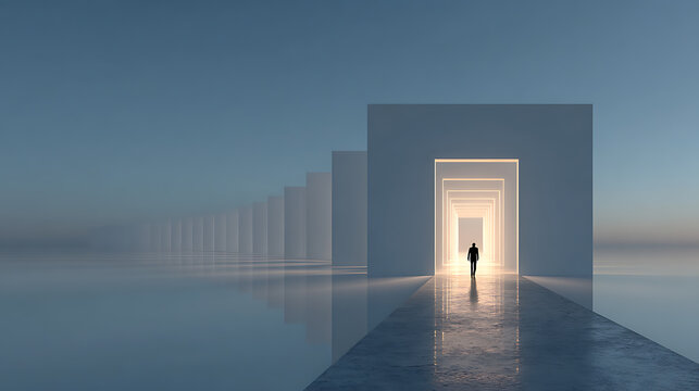 Minimal surreal corridor with a lone figure walking toward illuminated doorways, symbolizing hope, resilience, personal growth, emotional healing, recovery and mental health journey