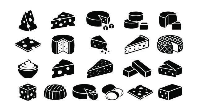 Collection of cheese types and dairy products in black silhouettes on white background for food and culinary concepts