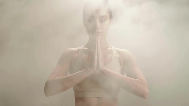 Woman in Meditative Pose with Hands Pressed Together in Soft Smoky Studio Light for Wellness Concept